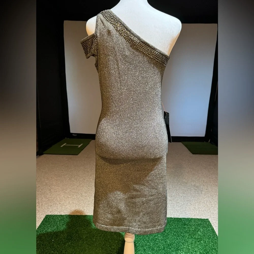 NWT Bebe One Shoulder Metallic Gold Cocktail Boutique Dress Size Large - Picture 5 of 11
